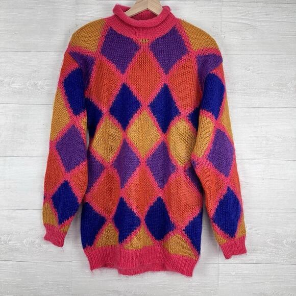 Vintage Rolled Neck Sweater Women M Mohair Blend Whimsical Diamond Oversized Y2K - Picture 12 of 12